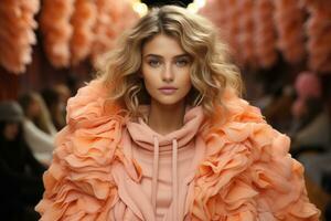 AI generated Bold Peach Ruffles Define Chic Runway Statement Look 2024. photo