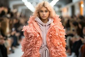 AI generated Bold Peach Ruffles Define Chic Runway Statement Look 2024. photo