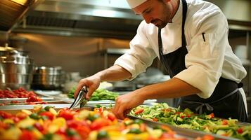 AI generated Kitchen Worker Preparing Fresh Vegetables for Meal Service photo