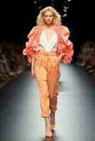 AI generated Bold Peach Ruffles Define Chic Runway Statement Look 2024. photo