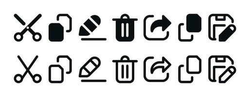 File Manager Actions Icon Set - Trash Can, Save As, Copy, Paste, Rename, Cut Symbols vector