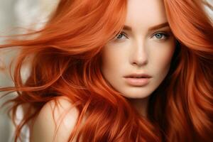 AI generated Redhead Woman with Luxurious Flowing Hair and Fair Skin photo