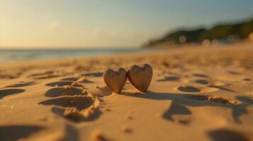 ai generado dos corazones en playa arena a puesta de sol San Valentín concepto foto