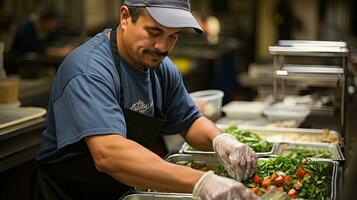 AI generated Kitchen Worker Preparing Fresh Vegetables for Meal Service photo