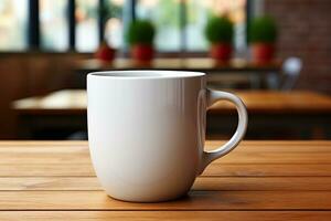 AI generated White Ceramic Coffee Mug Mockup on Wooden Table photo