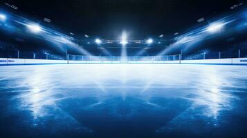 AI generated Empty Ice Hockey Rink with Glare and Arena Seating photo