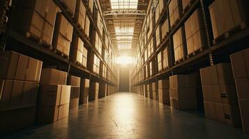 AI generated Warehouse Aisle Lined with Stacked Cardboard Boxes. photo