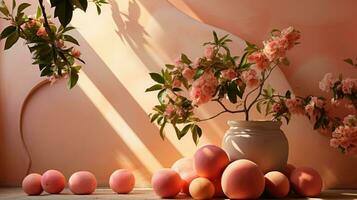 AI generated Peach Fuzz Color Theme with Blossoms and Fruit 2024 photo