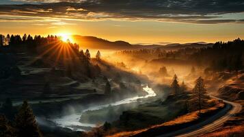 AI generated Sunrise Over Misty Mountains with Golden Sunrays and Trees photo