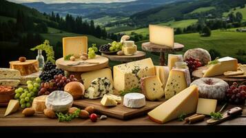 AI generated Assorted Dairy Delights on Rustic Table in Pastoral Landscape. photo