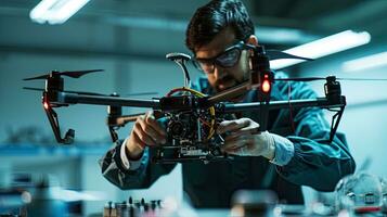 AI generated Engineer Focused on Assembling Advanced Aerial Drone Technology photo