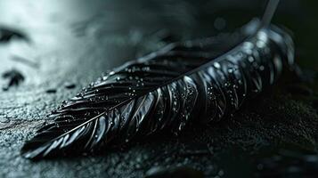 AI generated Black Feather with Water Droplets in Macro Detail photo