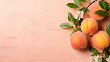 AI generated Ripe Peaches with Blossoms on Pastel Background photo