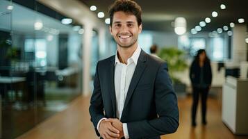 AI generated Young Businessman Smiling in Corporate Office Setting. photo