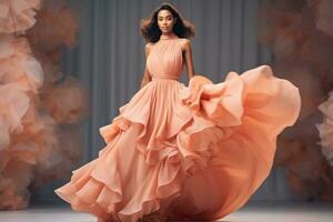 AI generated Bold Peach Ruffles Define Chic Runway Statement Look 2024. photo