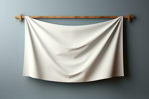 AI generated Elegant Draped White Fabric Banner Mockup on Wall photo