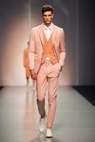 AI generated Chic Peach Suit on Runway, Trendsetting Spring Fashion Statement. photo