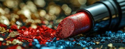 AI generated Close-Up of Sparkling Red Lipstick in Soft Light. photo