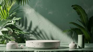 AI generated Concrete Podium for Product Presentation with Green Leafy Backdrop photo