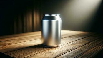 AI generated Blank Aluminum Beverage Can Mockup on Wooden Table Surface photo