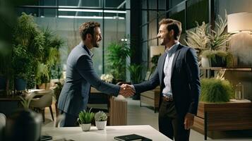 AI generated Two Professionals Shaking Hands in a Modern Office Environment. photo