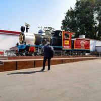 Kathgodam, Uttarakhand, India, September 25 2023 - Indian train diesel locomotive engine at Kathgodam railway station during the day time, Kathgodam Shatabdi train diesel locomotive engine photo