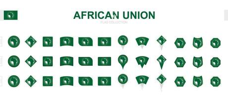 Large collection of African Union flags of various shapes and effects. vector