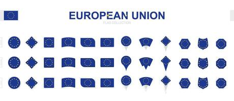 Large collection of European Union flags of various shapes and effects. vector