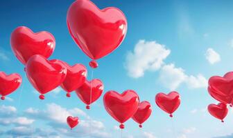 AI generated Red balloons in the blue sky. Horizontal banner. Valentine's day background with heart-shaped balloons in bright blue sky. photo