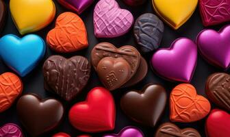ai generado vistoso corazón conformado golosinas para San Valentín día antecedentes. chocolate golosinas en el formar de corazones en un negro antecedentes foto