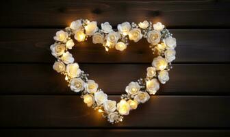 AI generated Heart shape made of white roses and garland lights on wooden background photo