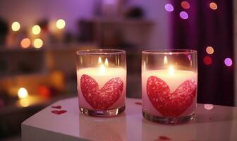 AI generated Romantic candles on table in room decorated with flowers, closeup photo