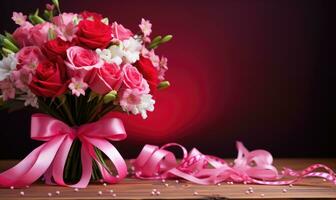 AI generated Bouquet of flowers with ribbon on wooden table, closeup photo