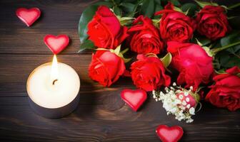 AI generated Valentine's Day background with red roses and candle on wooden table photo