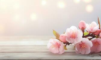 AI generated peach blossom on wooden table with bokeh light background photo