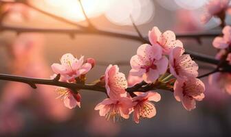 AI generated Blossoming branch of peach in the rays of the setting sun photo