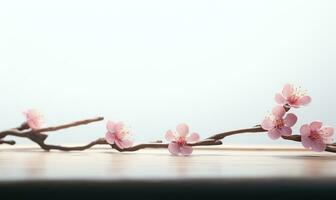 AI generated Blossoming branch of peach on a wooden background with copy space photo