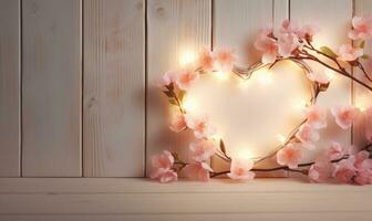 AI generated Valentine's day background with pink peach blossoms heart shaped light bulbs photo