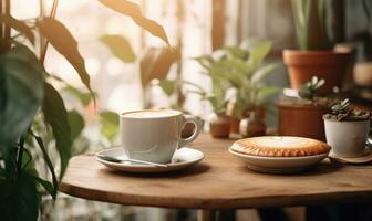 AI generated A steaming cup of coffee with a pie on a wooden table, surrounded by plants, exuding a cozy and homely atmosphere photo