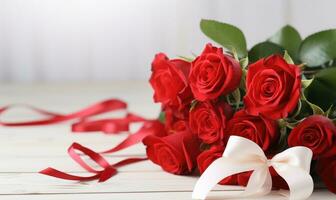 ai generado ramo de flores de rojo rosas y rosado cinta en blanco de madera antecedentes foto