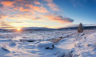 AI generated A panoramic winter landscape bathed in the warm glow of a setting sun with snow covering the ground photo