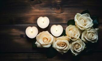 AI generated Burning candles and white roses on wooden background. Top view. photo