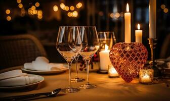 AI generated Romantic dinner setting with candles and wine glasses on table in restaurant photo