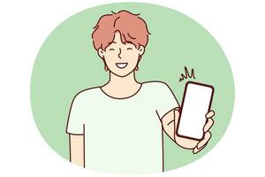 Happy man showing smartphone screen and smiling to recommend cool applications. Vector image