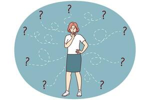 Thoughtful woman solves business problem and scratches chin standing among question. Vector image