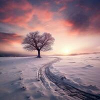 AI generated Beautiful winter landscape with lonely tree on snowy field at sunset. photo