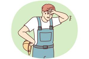 Tired sweaty man in construction uniform and safety helmet wiping forehead. Vector image