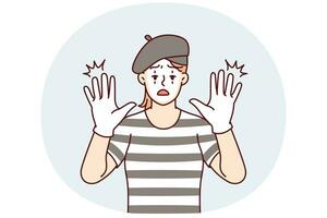 Woman clown with white face entertains people by acting as mime and touches screen. Vector image