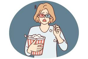 Frightened woman with bucket popcorn opens mouth during scary moment in horror movie. Vector image