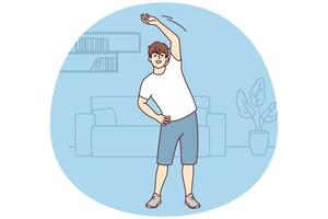 Young guy does warm-up while standing in home interior before jogging or doing sports. Vector image